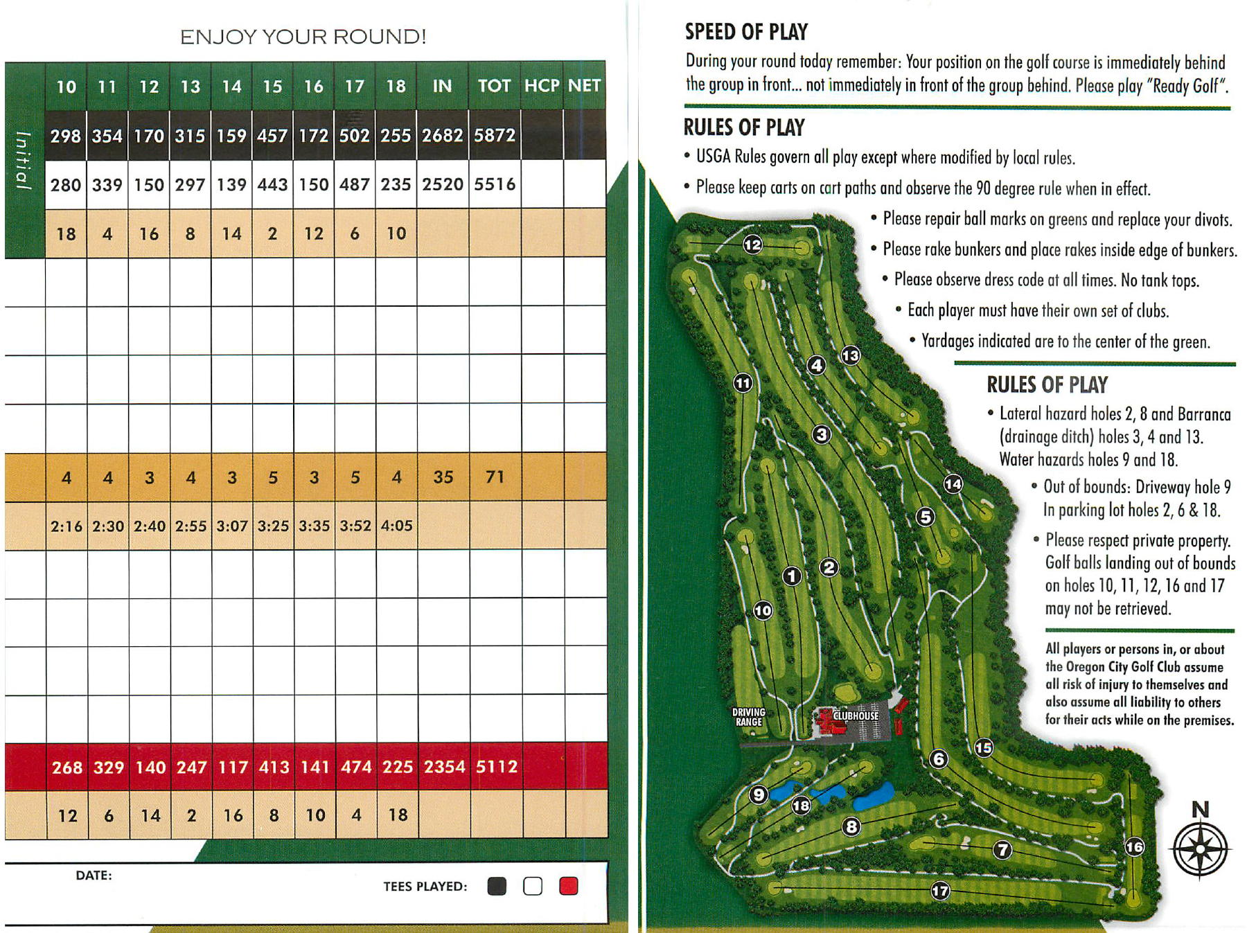 Scorecard Oregon City Golf Club